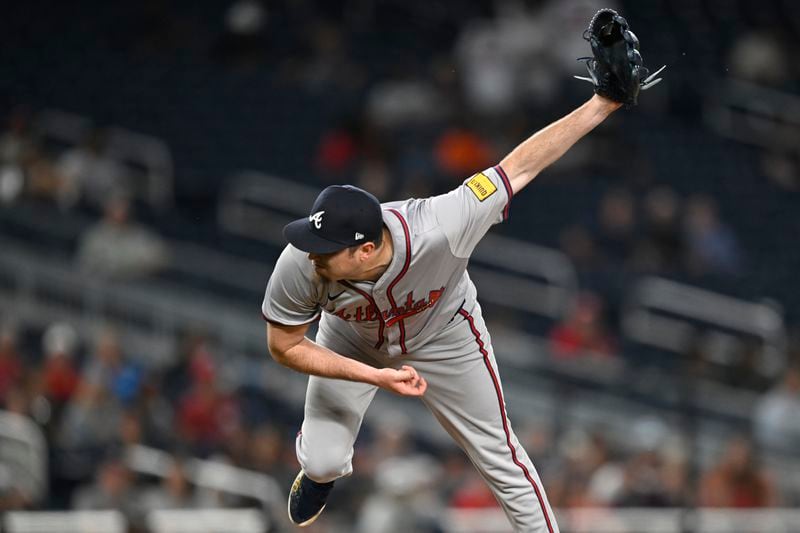 Atlanta Braves relief pitcher Luke Jackson follows through during the eighth inning of a baseball game against the Washington Nationals, Tuesday, Sept. 10, 2024, in Washington. (AP Photo/John McDonnell)