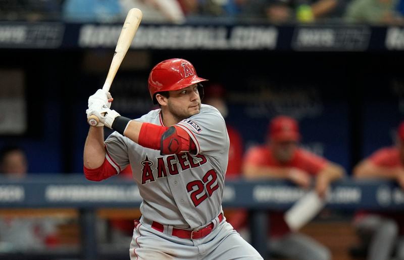 Los Angeles Angels' David Fletcher (22) bats against the Tampa Bay Rays during the sixth inning of a baseball game Thursday, Sept. 21, 2023, in St. Petersburg, Fla. (AP Photo/Chris O'Meara)