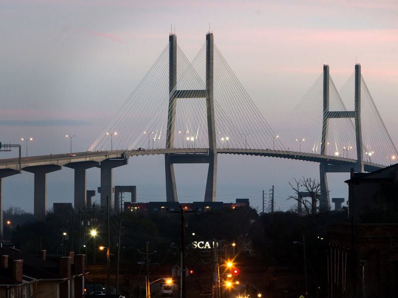 A view of the Eugene Talmadge Memorial Bridge in Savannah at sunrise. 