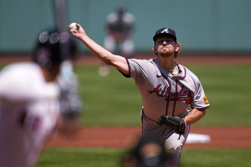 Atlanta Braves pitcher Spencer Schwellenbach delivers during the first inning of a baseball game against the Boston Red Sox, Wednesday, June 5, 2024, at Fenway Park in Boston. (AP Photo/Charles Krupa)