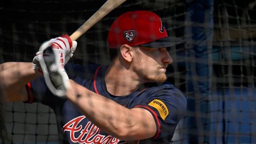 Atlanta Braves catcher Sean Murphy takes batting practice during spring training workouts at CoolToday Park, Saturday, February, 17, 2024, in North Port, Florida. (Hyosub Shin / Hyosub.Shin@ajc.com)