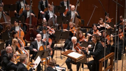 Atlanta Symphony Orchestra Music Director Nathalie Stutzmann conducts the orchestra during a recording session for the new major-label album of Antonin Dvorak compositions.