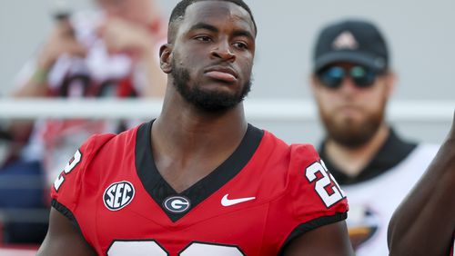 Georgia running back Branson Robinson (22) is shown before Georgia’s game against UAB at Sanford Stadium, Saturday, September 23, 2023, in Athens, Ga. Branson Robinson was injured during the 2023 season and did not play. Georgia won 49-21. (Jason Getz / Jason.Getz@ajc.com)