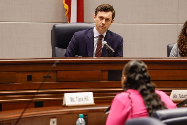 Sen. Jon Ossoff, Chairman of the Senate Human Rights Subcommittee, listens to a testimony from Tiana Hill who was pregnant while incarcerated, during a hearing that is part of his ongoing investigation into the abuse of pregnant women in state prisons on Wednesday, Aug. 14, 2024. (Natrice Miller/AJC)