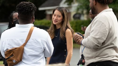 Bee Nguyen, running for Secretary of State of Georgia, talks to supporters before the start of a Stacey Abrams press conference at Israel Baptist Church in Atlanta Tuesday, May 23, 2022. (Steve Schaefer / steve.schaefer@ajc.com) 