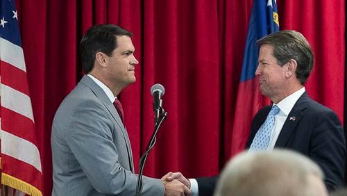 Gov. Brian Kemp, right, and Lt. Gov. Geoff Duncan leveraged a technical error Nathan Deal made in his last days as governor to vacate a large number of his appointments and put in place Kemp’s own picks for state boards and commissions. (ALYSSA POINTER/ALYSSA.POINTER@AJC.COM)