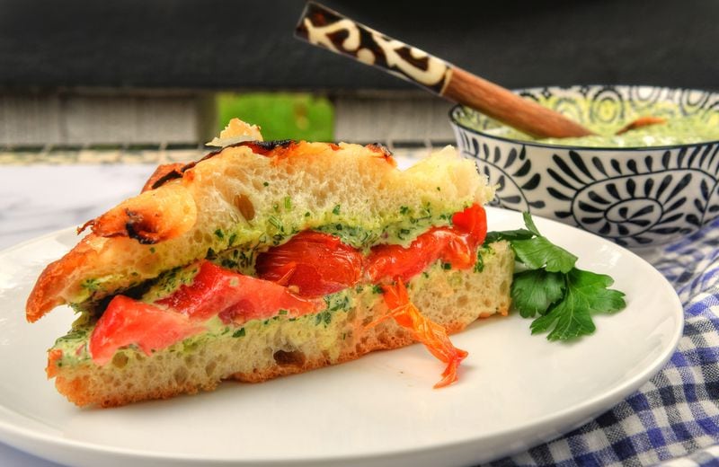 Grilled Tomato and Chimichurri Sandwich. (Styling by Kate Williams / Chris Hunt for the AJC)
