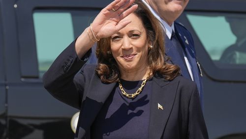 Democratic presidential nominee Vice President Kamala Harris waving to media members as she arrives at Pittsburgh International Airport, in Coraopolis, Pa., Thursday, Sept. 5, 2024, where she is expected to prepare for the first presidential debate. (AP Photo/Jacquelyn Martin)