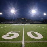The fifty yard line is shown before the first round game between Peachtree Ridge and  Lambert in the Class 7A playoffs at Peachtree Ridge high school, Friday, November 10, 2023, in Suwanee, Ga. (Jason Getz / Jason.Getz@ajc.com)
