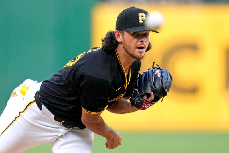Pittsburgh Pirates starting pitcher Jared Jones delivers during the third inning of a baseball game against the San Francisco Giants in Pittsburgh, Wednesday, May 22, 2024. (AP Photo/Gene J. Puskar)