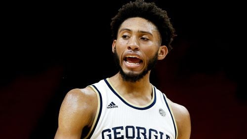 Georgia Tech's James Banks reacts after a basket against the St. John's Red Storm during the first half of the HoopHall Miami Invitational Dec. 8, 2019, at American Airlines Arena in Miami.