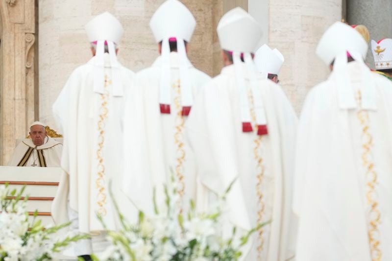 Pope Francis presides over a mass in St. Peter's Square, at the Vatican, for the opening of the second session of the 16th General Assembly of the Synod of Bishops, Wednesday, Oct. 2, 2024. (AP Photo/Gregorio Borgia)