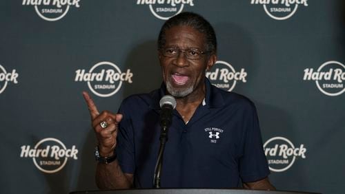 FILE - Mercury Morris speaks to reporters before the Celebration of Life ceremony for former Miami Dolphins football head coach Don Shula on Oct. 2, 2021 at Hard Rock Stadium in Miami Gardens, Fla. (AP Photo/Bryan Cereijo, file)