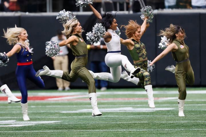 Los Angeles Chargers cheerleaders on the field during a break in