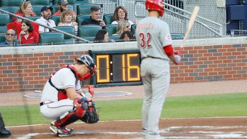 The new pitch clock rule has considerably reduced the game time in the MLB, with no exception on the last game of the series between the Braves and Reds, which ended at 10 p.m. Wednesday, April 12, 2023, at Truist Park. (Miguel Martinez /miguel.martinezjimenez@ajc.com)