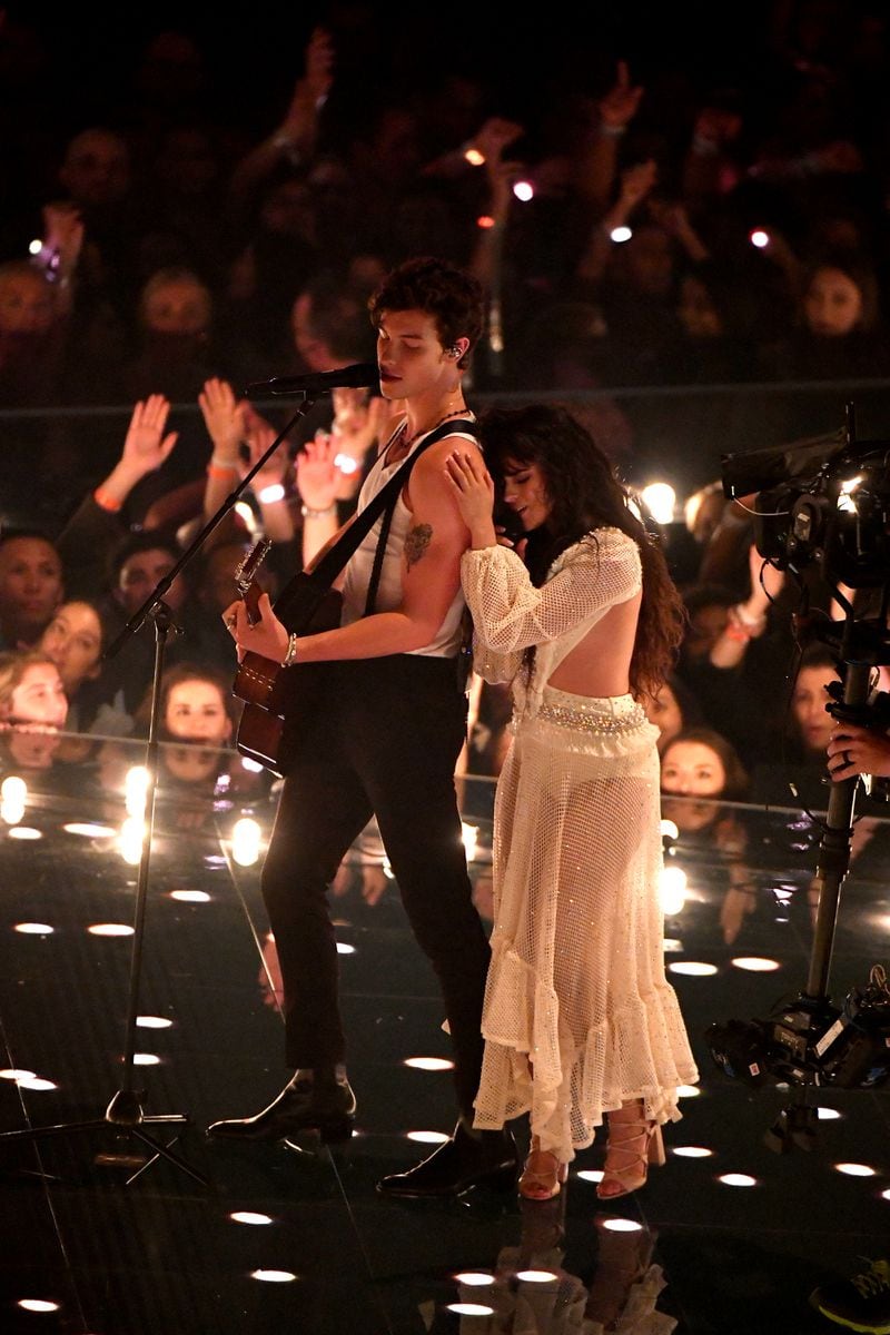 NEWARK, NEW JERSEY - AUGUST 26: Shawn Mendes and Camila Cabello perform onstage during the 2019 MTV Video Music Awards at Prudential Center on August 26, 2019 in Newark, New Jersey. (Photo by Noam Galai/Getty Images)