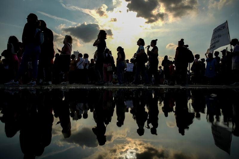 People attend a protest against a bill approved by Turkish legislators that aims to remove stray dogs off the country's streets, in Istanbul, Turkey, Sunday, Sept. 1, 2024. (AP Photo/Emrah Gurel)