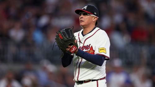 Atlanta Braves relief pitcher Jesse Chavez reacts after striking out Detroit Tigers batter Colt Keith to end the top of the sixth inning at Truist Park, Monday, June 17, 2024, in Atlanta. The Braves won 2-1. (Jason Getz / AJC)

