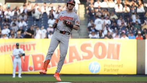 Baltimore Orioles' Ryan O'Hearn runs to second base after hitting a double during the first inning of a baseball game against the New York Yankees, Wednesday, June 19, 2024, in New York. (AP Photo/Pamela Smith)