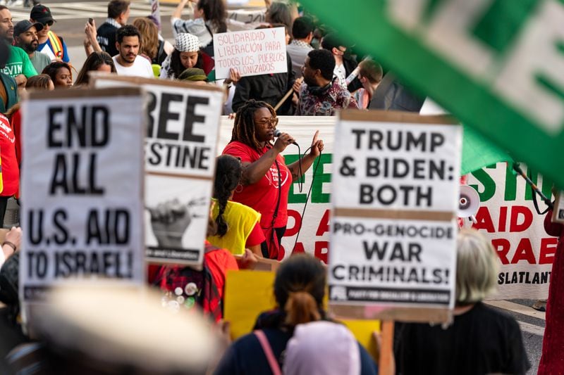 Monica Johnson of the Party for Socialism and Liberation speaks at a pro-Palestinian rally near the Atlanta site of the presidential debate on Thursday.