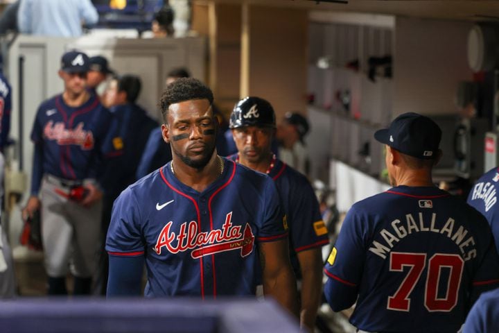 Atlanta Braves’ Jorge Soler and teammates react after losing to the San Diego Padres 5-4 in National League Division Series Wild Card Game Two at Petco Park in San Diego on Wednesday, Oct. 2, 2024. The Padres advance to the Division Series to face the Los Angeles Dodgers.  (Jason Getz / Jason.Getz@ajc.com)