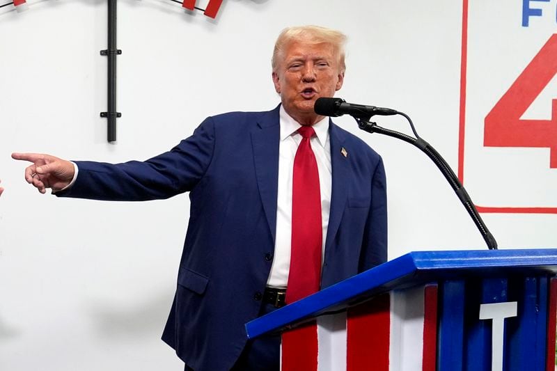 Republican presidential nominee former President Donald Trump speaks during a stop at a campaign office, Monday, Aug. 26, 2024, in Roseville, Mich. (AP Photo/Carolyn Kaster)