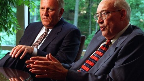 Oz Nelson, right, discussed the future of UPS as James Kelly, left, was preparing to replace Nelson as Chairman and CEO. Nelson, who moved the company from Connecticut, died from complications from COVID-19.