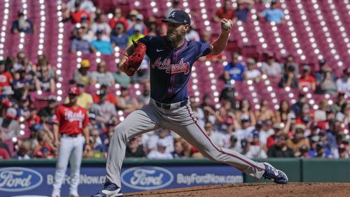 Atlanta Braves pitcher Chris Sale delivers during the first inning of a baseball game against the Cincinnati Reds, Thursday, Sept. 19, 2024, in Cincinnati. (AP Photo/Joshua A. Bickel)