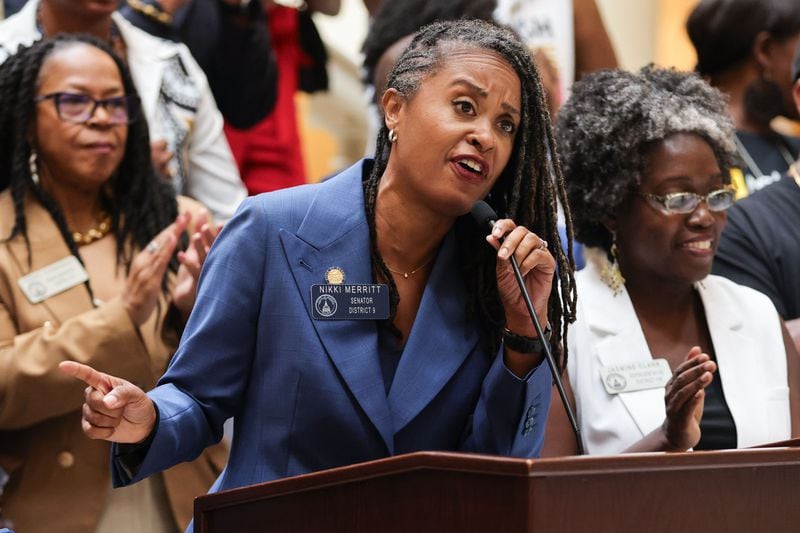 Democratic Sen. Nikki Merritt of Grayson, speaks at news conference at the Capitol in Atlanta criticizing the decision by the state school superintendent to defund Advanced Placement African American Studies.