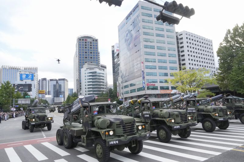 South Korea's missiles are carried in a parade during the 76th Armed Forces Day ceremony in Seoul, South Korea, Tuesday, Oct. 1, 2024. (AP Photo/Ahn Young-joon)