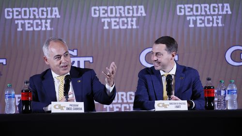 Georgia tech Presiden Angel Cabrera introduces to a member of the press the new Athletic Director J Batt on Monday, October 17, 2022. Miguel Martinez / miguel.martinezjimenez@ajc.com