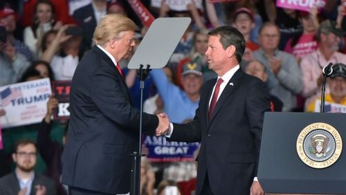 Former President Donald Trump and Gov. Brian Kemp on Friday will make their first appearance together since before the 2020 election, traveling to Evans to survey damage from Hurricane Helene. (Hyosub Shin/The Atlanta Journal-Constitution)