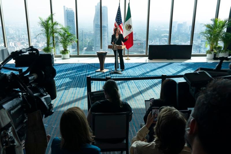 FILE - Vice President Kamala Harris speaks to the media, Tuesday, June 8, 2021, at the Sofitel Mexico City Reforma in Mexico City. (AP Photo/Jacquelyn Martin, File)