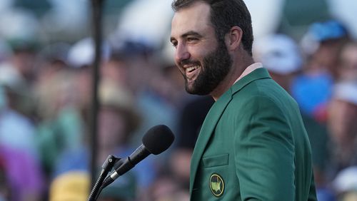 FILE - Scottie Scheffler speaks after winning the Masters golf tournament at Augusta National Golf Club Sunday, April 14, 2024, in Augusta, Ga. (AP Photo/George Walker IV)