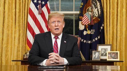 President Donald Trump addresses the nation about border security, on the 18th day of the government shutdown, from the Oval Office of the White House in Washington, Jan. 8, 2019. (Carlos Barria/Pool via The New York Times) -- FOR EDITORIAL USE ONLY --