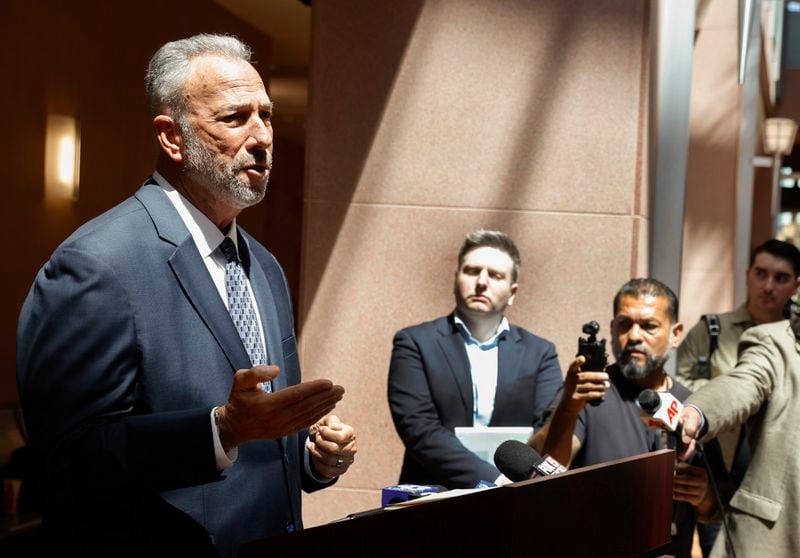 Clark County District Attorney Steve Wolfson addresses the media about the guilty verdict in former Clark County Public Administrator Robert Telles trial for the murder of Las Vegas Review-Journal investigative reporter Jeff German at the Regional Justice Court Wednesday, Aug. 28, 2024, in Las Vegas, (Bizuayehu Tesfaye/Las Vegas Review-Journal via AP)