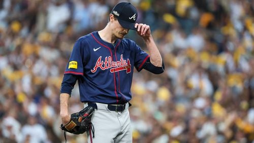 Atlanta Braves pitcher Max Fried centers himself after giving up five runs to the San Diego Padres during the second inning of National League Division Series Wild Card Game Two at Petco Park in San Diego on Wednesday, Oct. 2, 2024.   (Jason Getz / Jason.Getz@ajc.com)