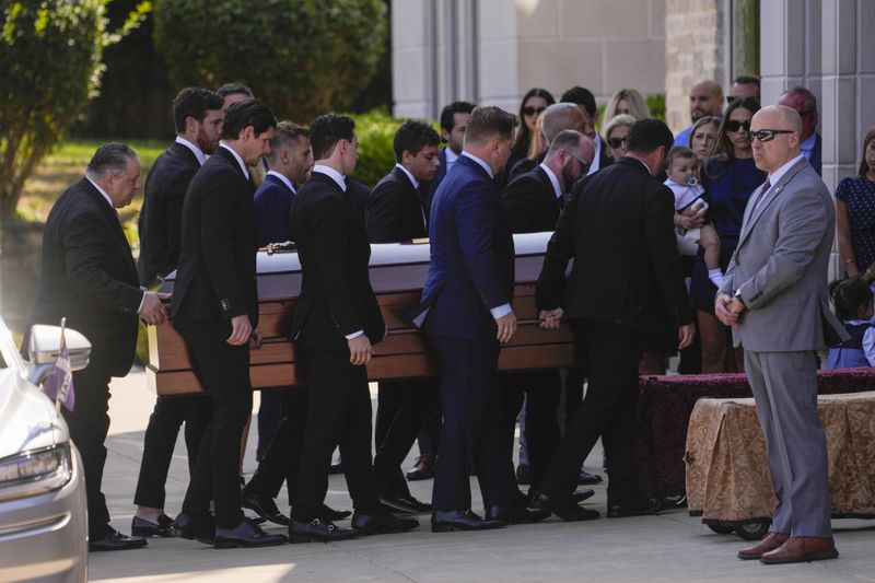 The remains of Columbus Blue Jackets hockey player John Gaudreau his and his brother Matthew's funeral at St. Mary Magdalen Catholic Church in Media, Pa., Monday, Sept. 9, 2024. (AP Photo/Matt Rourke)