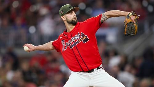 Atlanta Braves relief pitcher Nick Anderson delivers to a Seattle Mariners batter during the eighth inning at Truist Park, Friday, May 19, 2023, in Atlanta. Braves won 6-2. (Jason Getz / Jason.Getz@ajc.com)