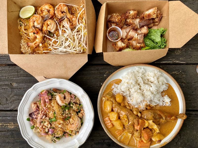 Some dishes on the menu at Tum Pok Pok include (clockwise from upper left): pad Thai, crispy fried pork belly, masaman curry with drumsticks, and glass noodle salad with seafood and minced chicken. Wendell Brock for The Atlanta Journal-Constitution