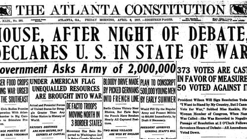 The Atlanta Constitution reported that the United States was in a state of war on April 6, 1917.