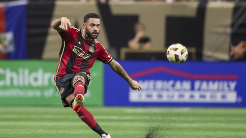 Atlanta United defender Derrick Williams (3) passes the ball during the first half against the  New England Revolution at Mercedes-Benz Stadium, Saturday, March 9, 2024, in Atlanta. Atlanta United won 4-1. (Jason Getz / jason.getz@ajc.com)