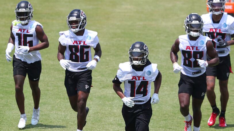 Atlanta Falcons wide receiver Frank Darby (88) works during the