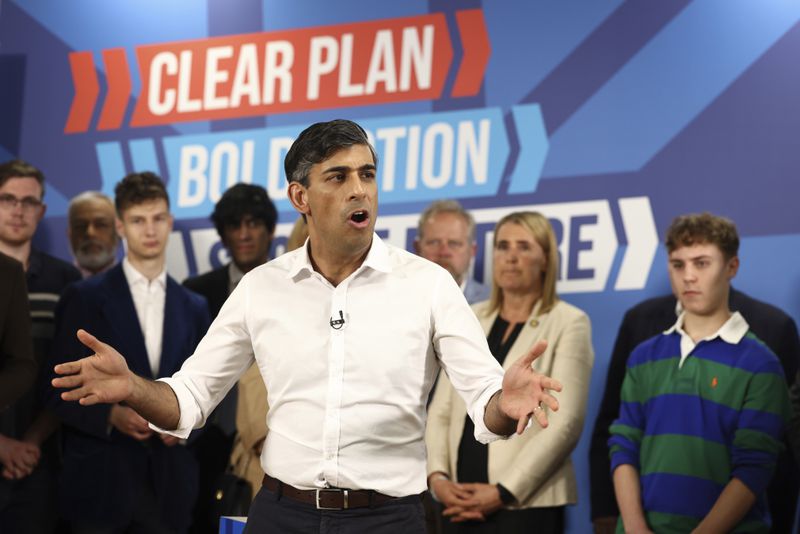 Britain's Prime Minister and Conservative Party leader Rishi Sunak, delivers a speech as part of a Conservative campaign event in the build-up to the UK general election on July 4, in Leeds, northern England, Thursday, June 27, 2024. (Darren Staples/Pool Photo via AP)