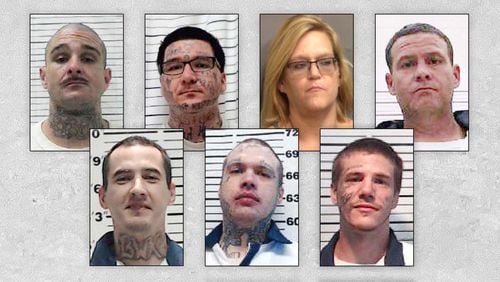 In December of last year, federal prosecutors charged 76 defendants, many of them white supremacists, in an alleged drug network that operated across several state prisons in Georgia. Among the defendants were seven who were already incarcerated: (top row) Terry L. Cason II, Skyler Drawdy, Laura R. Harden and Kenneth W. Lane; (bottom row) Timothy W. Loper, Justin W. McGhee and James D. Nesmith. All entered guilty pleas. (Georgia Department of Corrections)