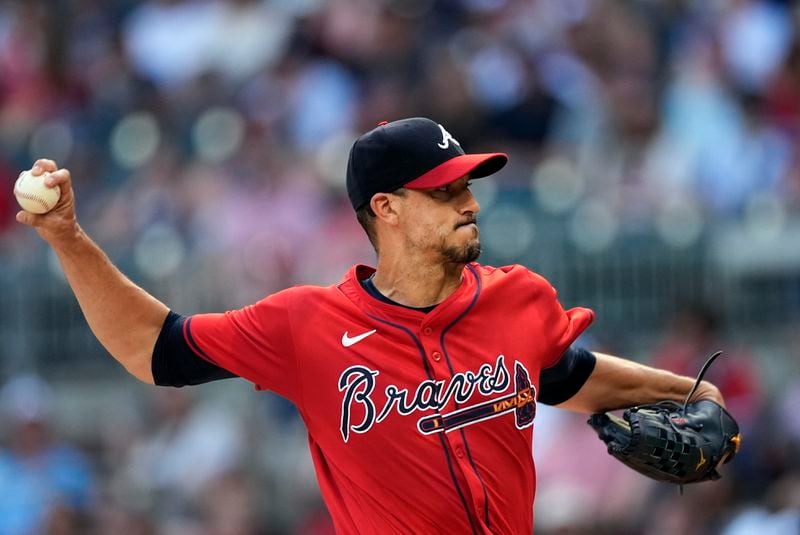 Atlanta Braves starting pitcher Charlie Morton works against the Pittsburgh Pirates in the first inning of a baseball game Friday, June 28, 2024, in Atlanta. (AP Photo/John Bazemore)