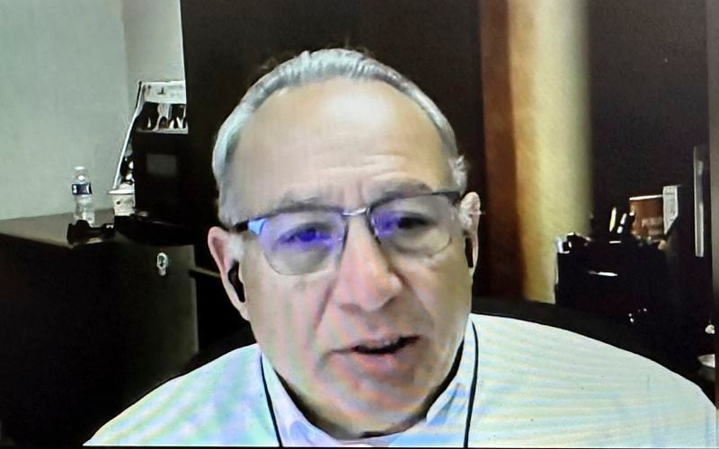 Joseph Zeke Rupnick, chairman of the Prairie Band Potawatomi Nation based in Mayetta, Kansas, seen in a screen grab from Monday, June 10, 2024, talks about the Illinois General Assembly's plan to compensate the Prairie Band Potawatomi for land in northern Illinois guaranteed in 1829 to Prairie Band Chief Shab-eh-nay but later sold by the government to white settlers. The plan would transfer the nearby Shabbona Lake State Recreation Area to the Prairie Band. Chief Shab-eh-nay was Rupnick's fourth great-grandfather. (AP Photo/John O'Connor)