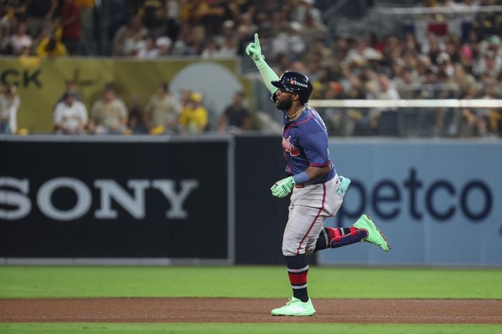 Atlanta Braves’ Michael Harris rounds the bases after a 2-RBI home run against the San Diego Padres during the eighth inning of National League Division Series Wild Card Game Two at Petco Park in San Diego on Wednesday, Oct. 2, 2024.   (Jason Getz / Jason.Getz@ajc.com)