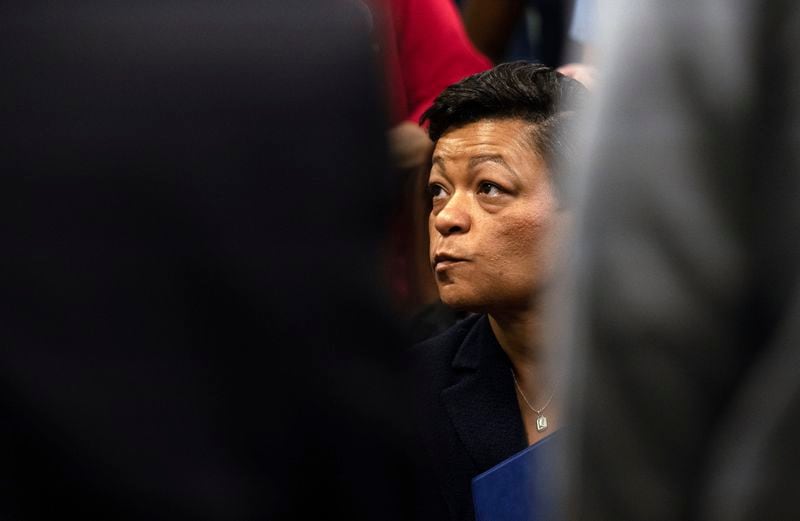 New Orleans Mayor LaToya Cantrell listens during a meeting after Hurricane Francine at New Orleans International Airport, Friday, Sept. 13, 2024, in Kenner, La. (Hilary Scheinuk/The Advocate via AP, Pool)