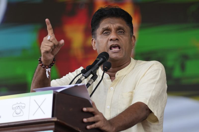 Sri Lanka's opposition leader and presidential candidate Sajith Premadasa speaks to his supporters during a public rally in Thalawakele, Sri Lanka, Sunday, Sept. 8, 2024. (AP Photo/Eranga Jayawardena)